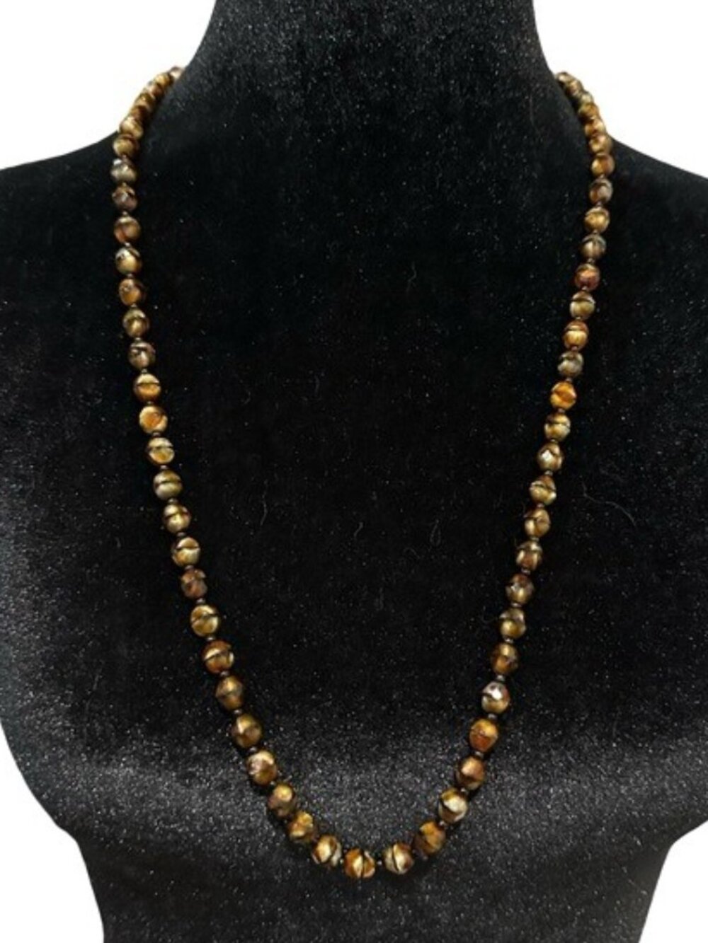 Vintage Beaded Necklace Simulated Tiger's Eye Brown Black 30 Inch Length C Clasp